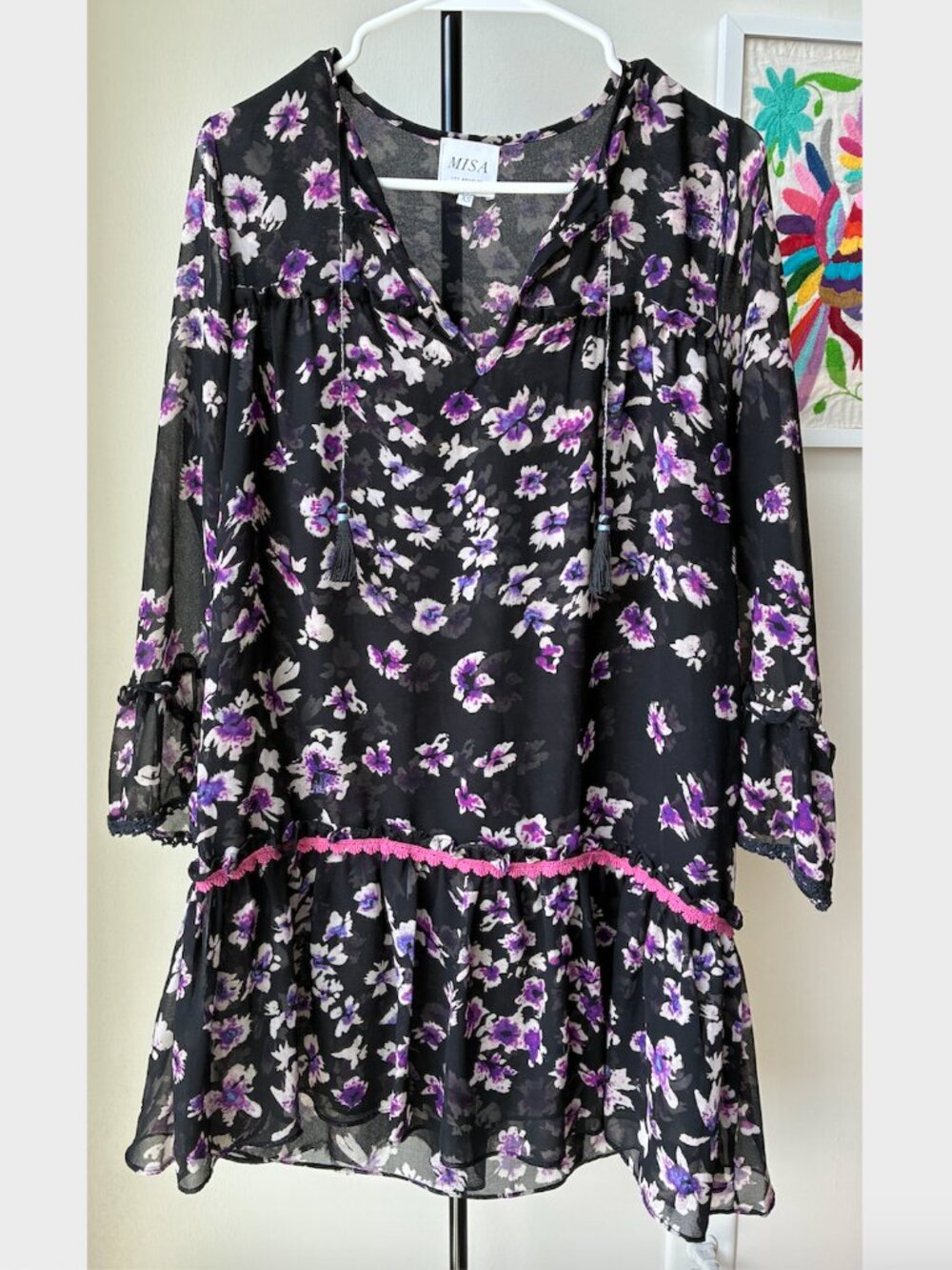 Misa Los Angeles Black and Purple Floral Sheer Boho Dress - Size XS